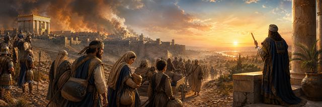 Judean exiles departing burning Jerusalem as a hopeful eastern dawn evokes Cyrus's decree